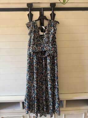 Ruffled Floral skirt set in Black with Multicolor Blooms